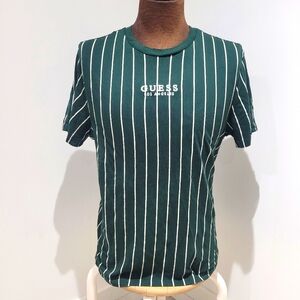 Guess Pinstripe Short Sleeve Crew Neck T Shirt Size Large Green and White Logo